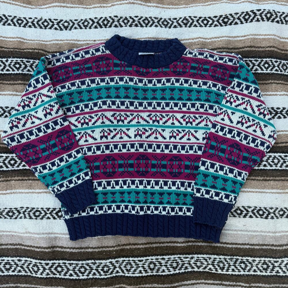 Women's Vintage 90's Adele Knitwear Purple Green Crewneck Pullover Sweater Sz M